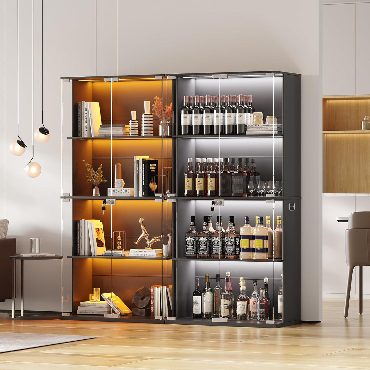 Vitrina Lvifur con iluminación LED y puertas de cristal para coleccionables, vino, 35×70×168 cm, vitrina de cristal de 4 niveles, mueble vitrina con sensores inteligentes para sala de estar y dormitorio, negro