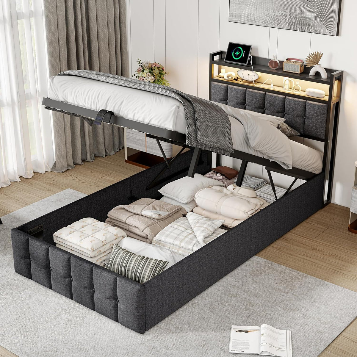 Bettgestell 90x200,boxspringbett mit LED,Einzelbett mit Stauraum,hydraulisch stauraumbett gepolstertes Bett,Funktionsbett Jugendbett mit USB,Polsterbett für 1 Person (Grau+Leinen)
