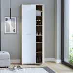 FORTE NET106 Armario 70, zapatero, armario ropero, trastero, armario de puertas batientes, 2 puertas con estantes, blanco con decoración en madera: roble Sonoma, 69 cm de ancho x 179 cm de alto x 35 cm de profundidad