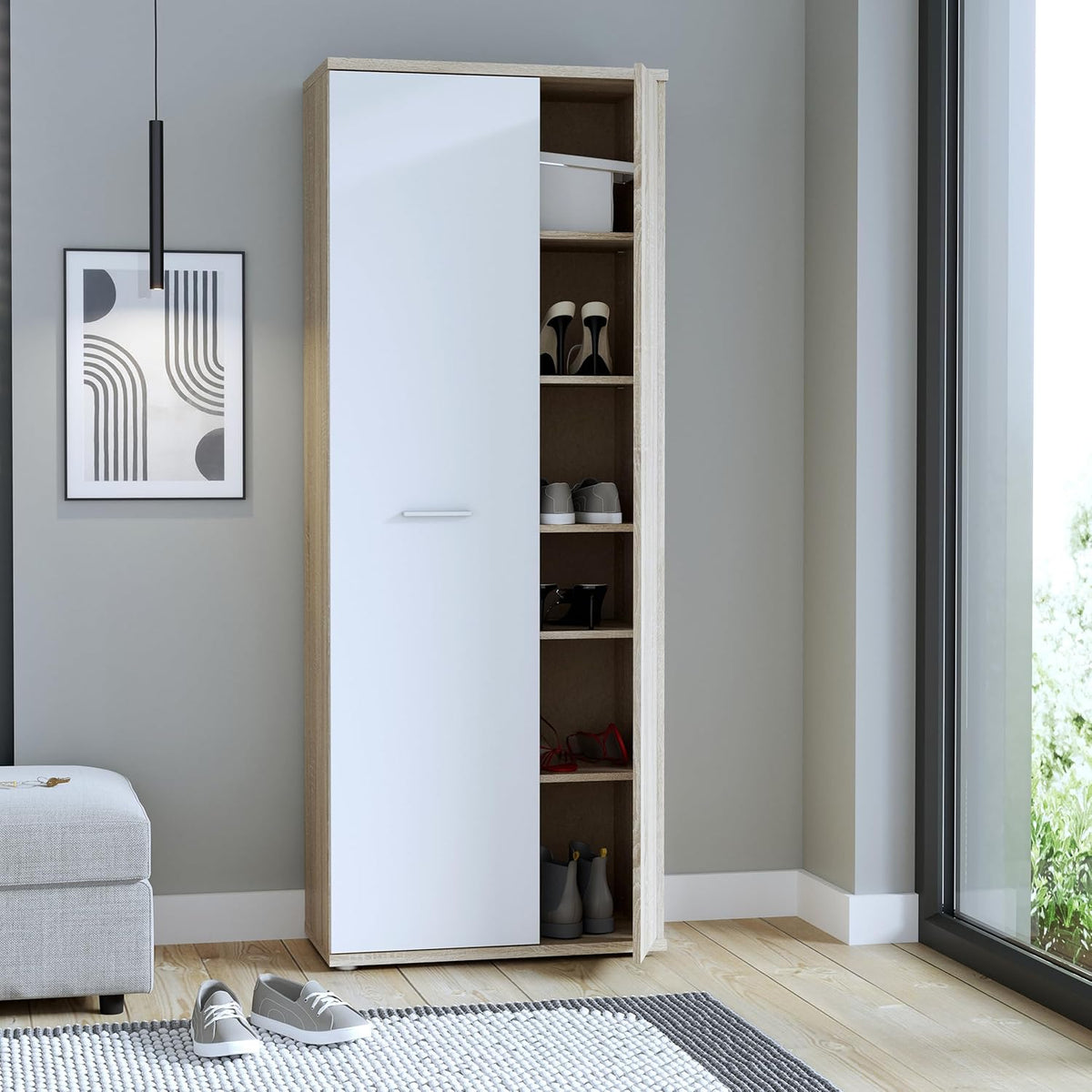 FORTE NET106 Armario 70, zapatero, armario ropero, trastero, armario de puertas batientes, 2 puertas con estantes, blanco con decoración en madera: roble Sonoma, 69 cm de ancho x 179 cm de alto x 35 cm de profundidad