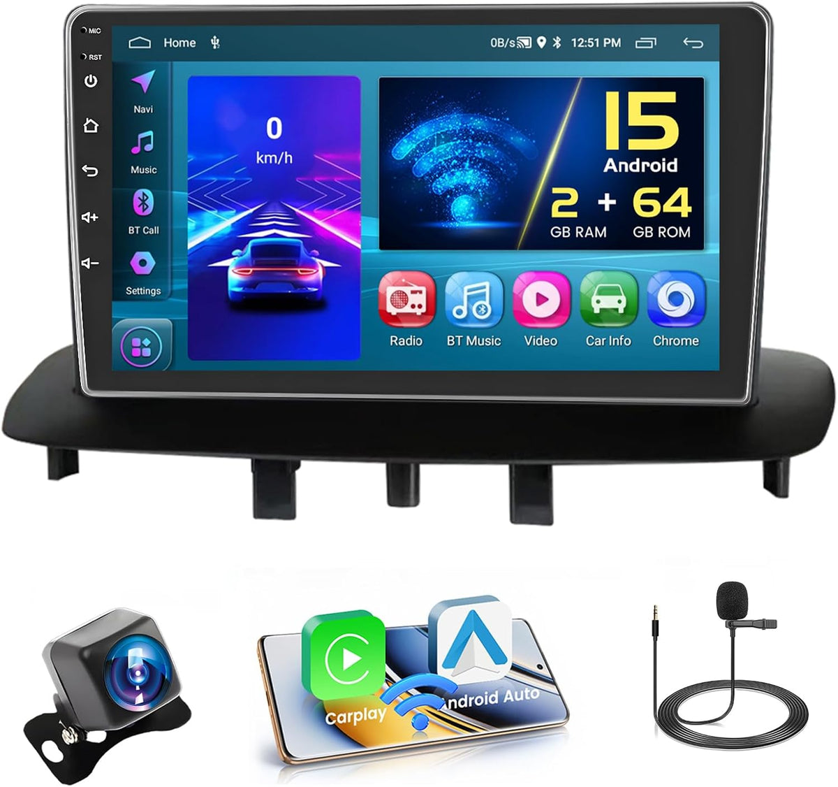 Autorradio Android 15 de 2+64GB para Renault Megane 3 2009-2014, Radio con pantalla táctil de 9 pulgadas, Carplay y Android Auto inalámbricos, Hikity, Bluetooth, Estéreo, WiFi, RDS, USB + Cámara de visión trasera