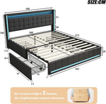 Cama tapizada BRILVERDE 160x200 con almacenamiento, cama doble con USB/LED, cama juvenil con 4 cajones, estructura de cama con somier y cabecero, lino (gris, 160 x 200 cm)