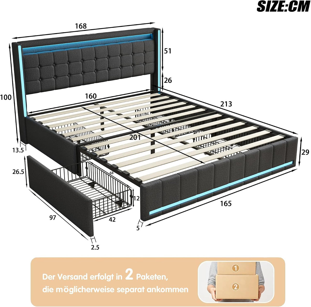 Cama tapizada BRILVERDE 160x200 con almacenamiento, cama doble con USB/LED, cama juvenil con 4 cajones, estructura de cama con somier y cabecero, lino (gris, 160 x 200 cm)