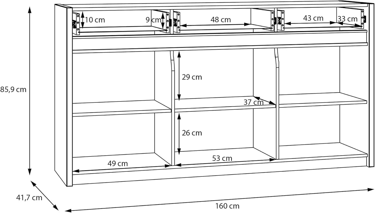 Forte Oak SQUERE Sideboard 160, Elegantes Sideboard mit 3 Türen, Beleuchtung und Lamellendesign, Holzwerkstoff, Mauvella Eiche Dekor/Sand, 160 cm breit x 85,9 cm hoch x 41,5 cm tief