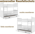 Interbeds Litera 200x90 cm Cama alta con cajón Cama litera Cama de madera de pino Cama infantil Cama juvenil con somier y protección anticaídas (blanco, 200x90)