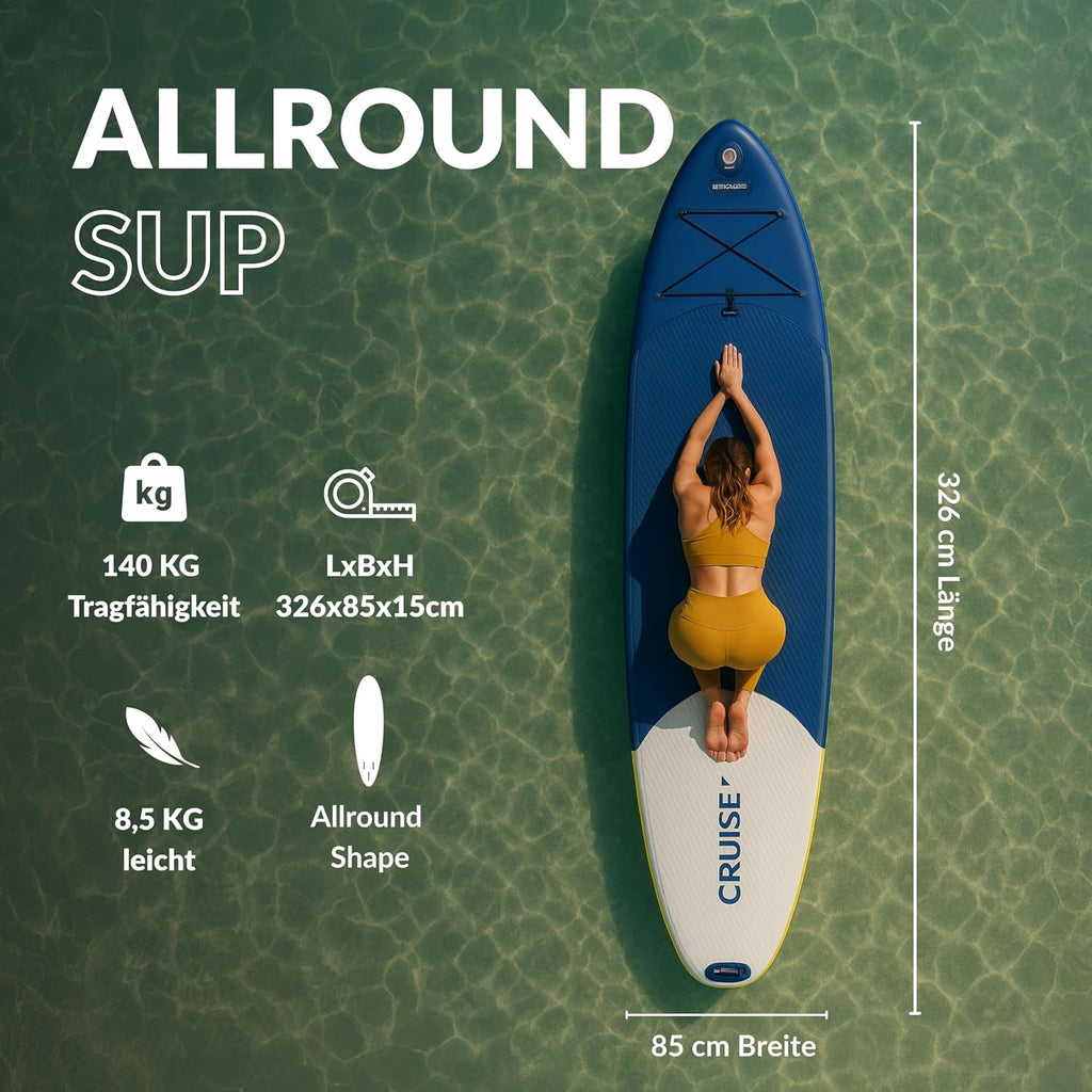NOARD SUP Board aufblasbar Double-Layer-Dropstitch 326 cm bis 140 kg | Komplett-Set inklusive Paddel, Doppelhub-Pumpe, Rucksack, Leash und Drybag