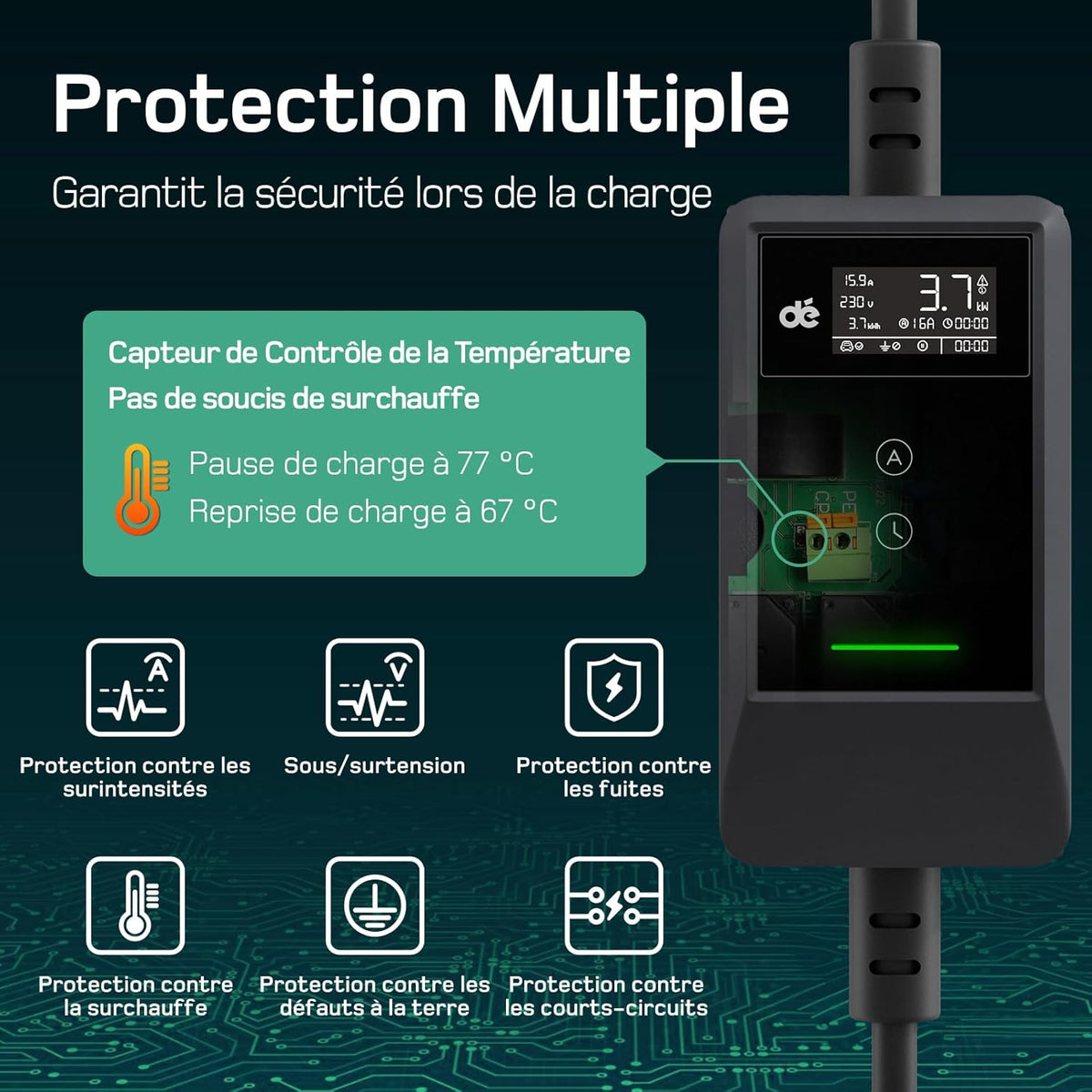 Cargador de coche eléctrico de 3,7 kW [10 m, 6/8/10/13/16 A], cable de carga para coche eléctrico tipo 2 con soporte de pared, pantalla LCD digital, compatible con E-208, Model Y, E-Tech, 500e y otros vehículos eléctricos/híbridos enchufables