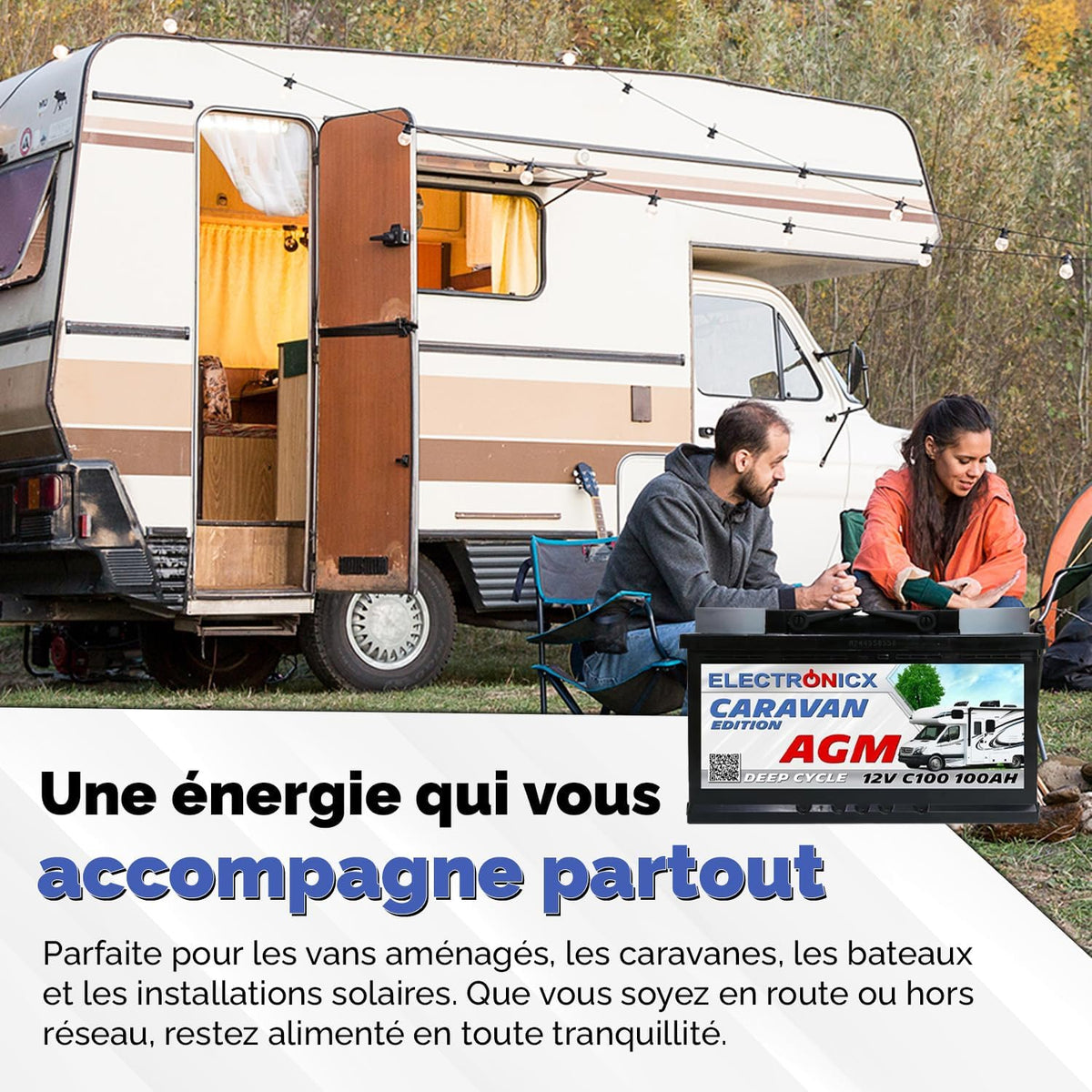 Batería AGM Electronicx 100Ah Premium 12V recargable - Batería de coche para autocaravana y panel solar 100 Ah