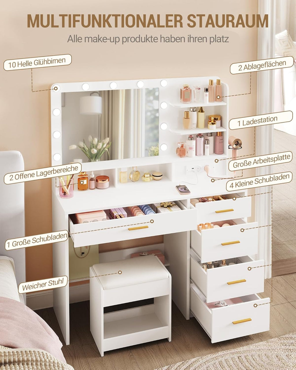 Hzuaneri Schminktisch mit 10 LED-Beleuchtung, Hocker, Frisiertisch mit Große Spiegel, Schminktische mit Stecker, Und Haartrocknerhalter, Und Mehreren Schubladen, Weiß DT42903XEU