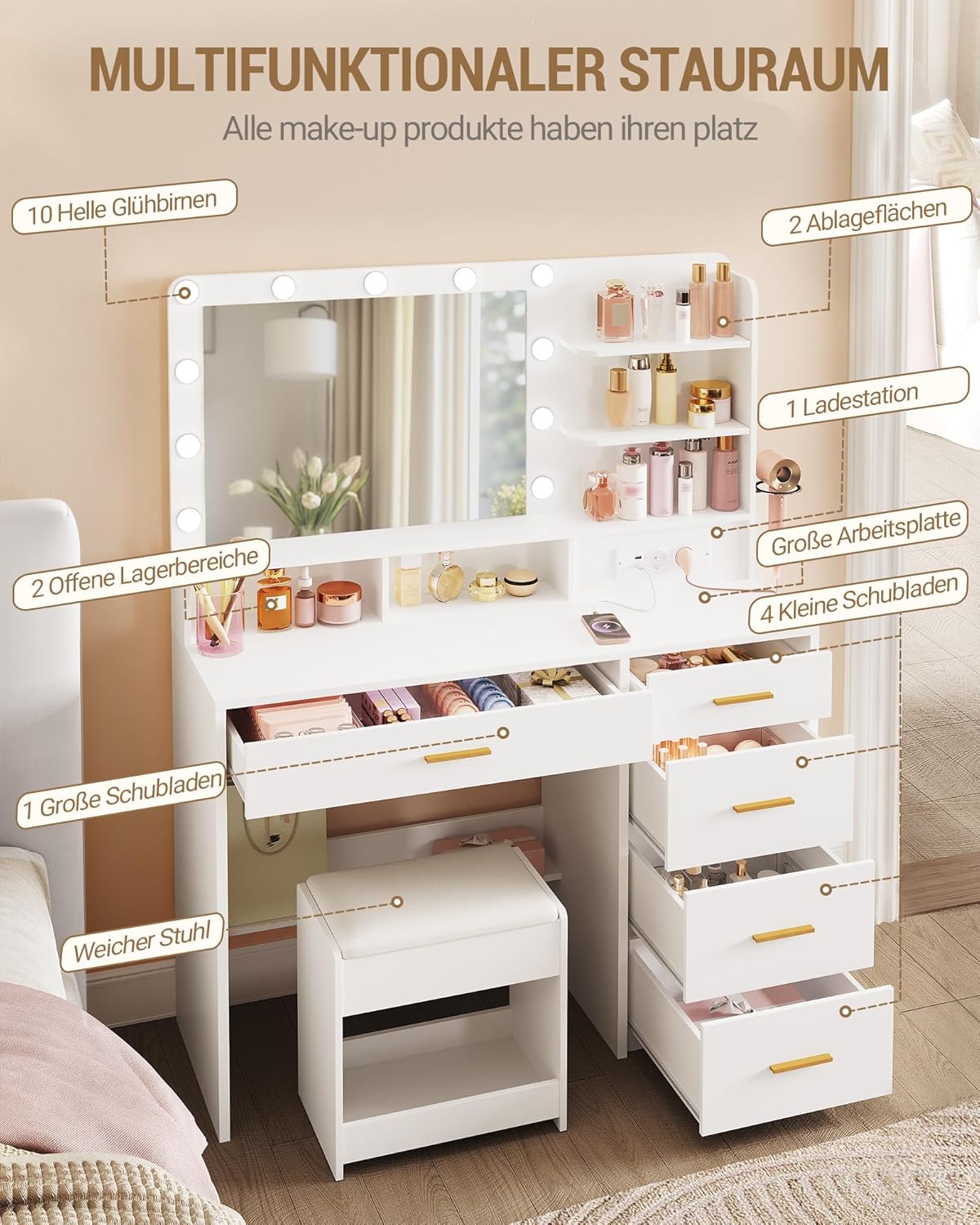 Hzuaneri Schminktisch mit 10 LED-Beleuchtung, Hocker, Frisiertisch mit Große Spiegel, Schminktische mit Stecker, Und Haartrocknerhalter, Und Mehreren Schubladen, Weiß DT42903XEU