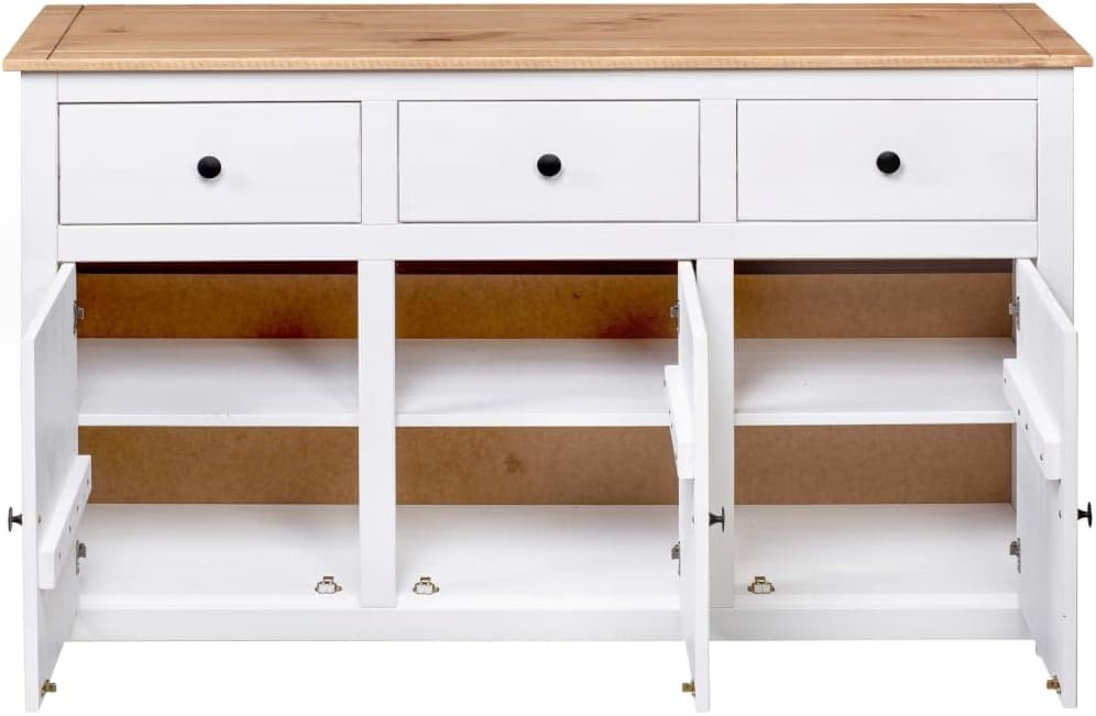 vidaXL Aparador de madera maciza de pino de Panamá con 3 cajones y 3 puertas, cómoda, mueble auxiliar, armario multiusos, alacena, blanco, 135x40x80 cm