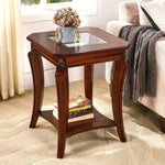 Mesa auxiliar cuadrada de alta gama con tablero de cristal templado, mesa auxiliar estilo granja con estante, mesa esquinera de salón con patas de madera tallada, 60.5 cm de altura, color cerezo CJZ-A1168-GT
