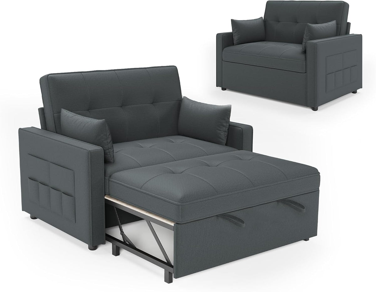 LUXOAK Schlafsofa 186 x 122 cm mit 5-stufig Verstellbarer Rückenlehne, 3-in-1 Schlafcouch mit Kissen und Seitentasche, graues Leinen-Sofa für Gästezimmer & kleine Räume