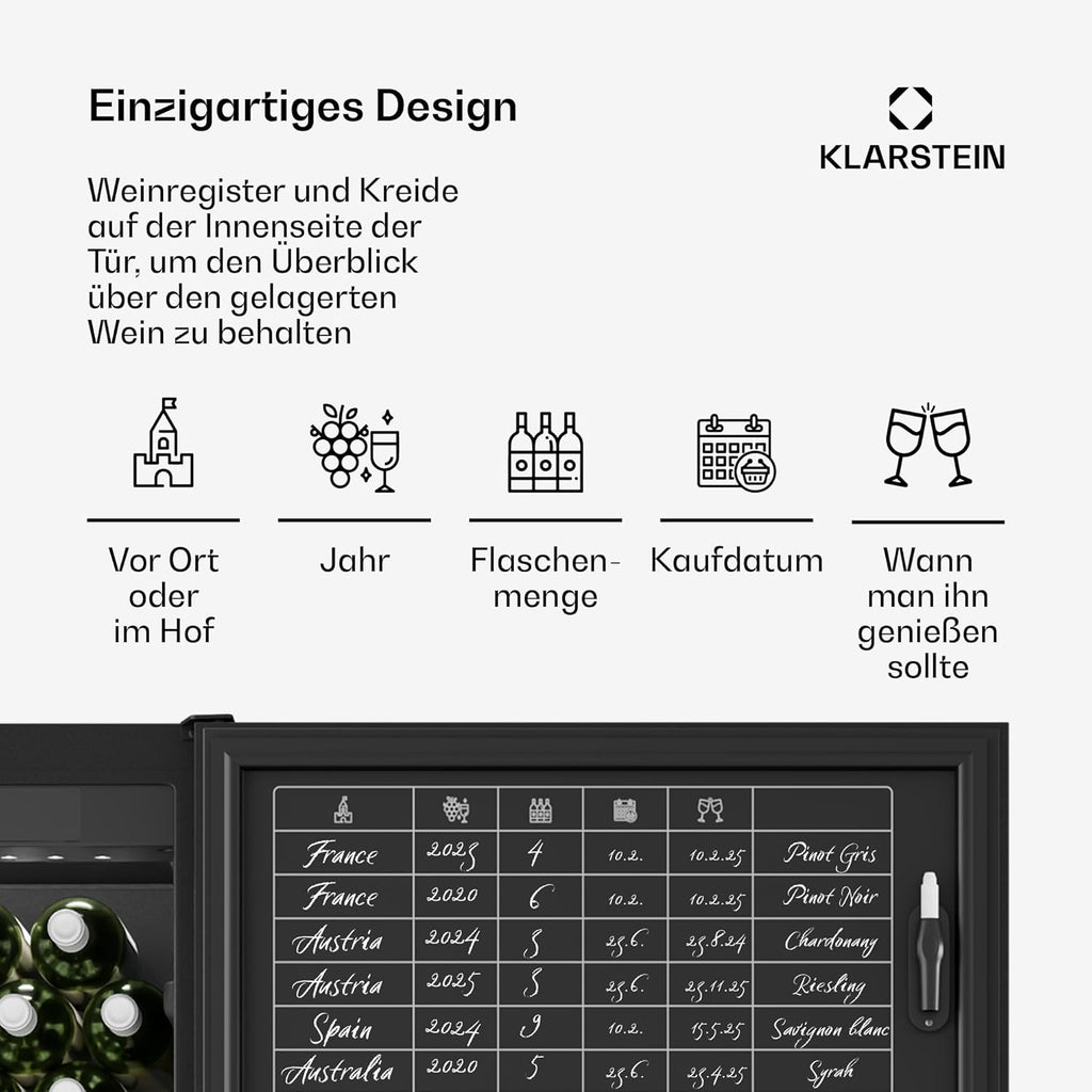 Nevera para vinos Klarstein CellarMax de libre instalación - 155 botellas, 5-20 °C, control táctil, puerta de metal, estantes de madera, alarma, clase energética E, vinoteca grande