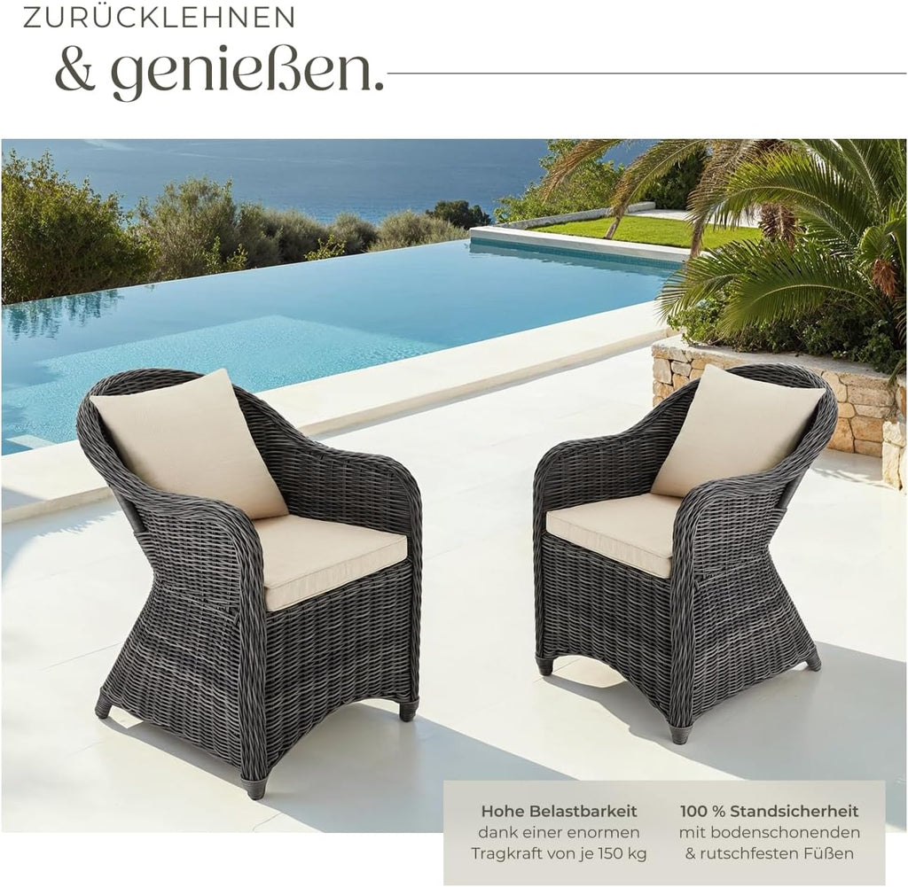 tectake® Alu Polyrattan Gartenstuhl 2er Set, Gartenmöbel Set mit 2 Sessel, wetterfest, Rattan Gartensessel mit weichen Sitzpolster, abziehbarer und waschbarer Bezug, stabil und bodenschonend - grau