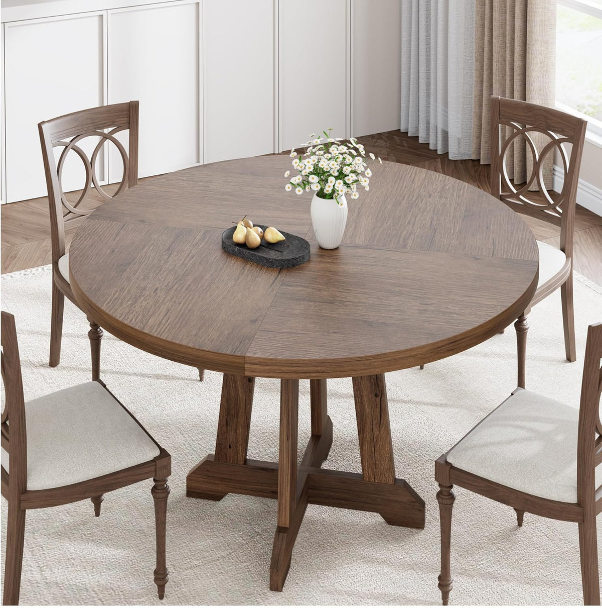 Mesa de comedor redonda para 4-6 personas, mesa de cocina con marco de madera resistente, mesa de comedor que ahorra espacio en diseño industrial, circular, mesas de comedor para café, hogar, cocina, sala de estar (solo mesa), color nogal