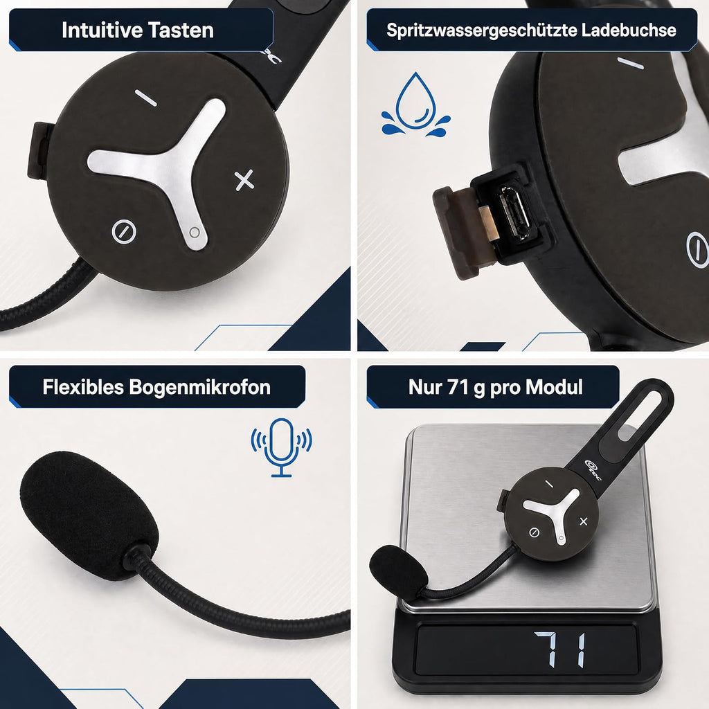 @tec BuddyChat Duo, intercomunicador para auriculares, set de 2 unidades, sistema de intercomunicación Bluetooth 3.0, alcance de hasta 1 km, cancelación de ruido DSP, resistente al agua y al polvo