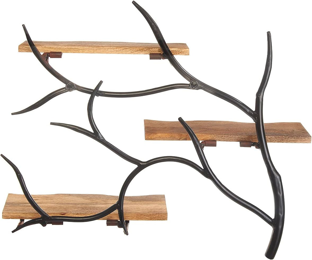 Kobolo Wandregal Hängeregal Bücherregal -AST Zweig- 3 Böden - 71x20x56 cm - Eisen und Holz