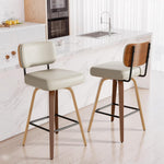 Juego de 2 taburetes de bar giratorios con respaldo, altura de asiento de 65 cm, piel sintética y madera maciza, diseño de mediados de siglo con 4 patas y reposapiés, sillas de bar para cocina y bar en gris beige