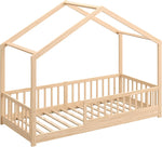 Cama infantil CADANI Malte 90x200 cm – Cama casita con barrera de seguridad extraíble, capacidad de carga de hasta 200 kg, somier de láminas enrollable, cama Montessori a ras de suelo de madera maciza de pino, natural