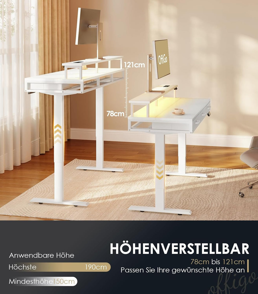 OffiGo Elektrischer Schreibtisch mit Schubladen, 120cm Höhenverstellbarer Schreibtisch mit Monitorständer, Standing Desk mit Steckdosen und Lichtleiste, Tisch Höhenverstellbar Bürotisch, Weiß
