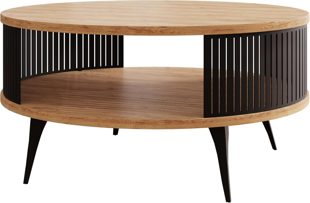 Mirjan24 Couchtisch mit Ablage Rajkon, Runde Form, Metallbeine, Kaffeetisch, Wohnzimmertische, Beistelltisch, Sofatisch, Teetisch (Eiche Craft Gold, Schwarz)