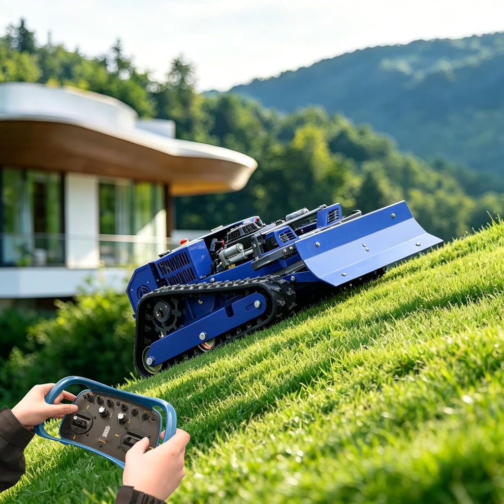 Cortacésped robótico de orugas, teledirigido, 4 × 4, híbrido, gasolina-eléctrico, corte de 21,6 pulgadas, cortacésped RC para pendientes del 100 % (45°) – área de corte de 0,75 acres (modelo con quitanieves)