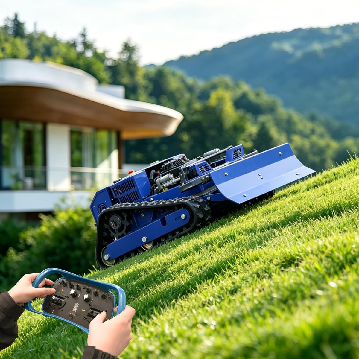 Cortacésped robótico de orugas, teledirigido, 4 × 4, híbrido, gasolina-eléctrico, corte de 21,6 pulgadas, cortacésped RC para pendientes del 100 % (45°) – área de corte de 0,75 acres (modelo con quitanieves)