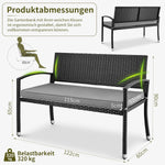 LIFERUN Banco de jardín resistente a la intemperie con cojín, banco de polirratán de 2 plazas, capacidad de carga de 320 kg, cómodo banco de jardín para exterior, 122x60x90 cm, banco de balcón para balcón pequeño, jardín, terraza, negro