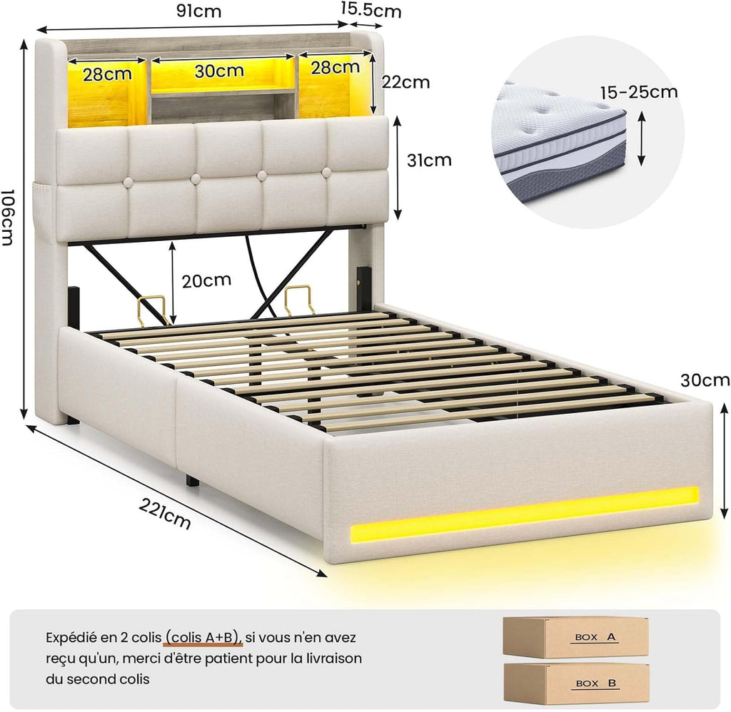 Cama tapizada AOGLLATI 90×200 cm, cama hidráulica con almacenamiento e iluminación LED, cama juvenil con estación de carga, cama individual con cabecero con almacenamiento, tela de lino, sin colchón (beige, 90x200 cm)