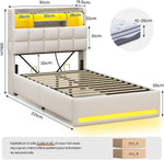 Cama tapizada AOGLLATI 90×200 cm, cama hidráulica con almacenamiento e iluminación LED, cama juvenil con estación de carga, cama individual con cabecero con almacenamiento, tela de lino, sin colchón (beige, 90x200 cm)