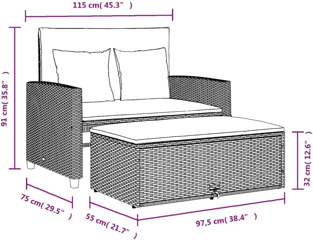 vidaXL Gartensofa mit Kissen 2-Sitzer, Outdoor Sofa mit Hocker mit Staufach, Couch mit abnehmbarm Bezug, Gartebmöbel Gartengarnitur, Schwarz Poly Rattan