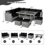 Conjunto de muebles de comedor para patio de 7 piezas de ratán con sofá seccional, mesa de comedor, otomanas y cojines