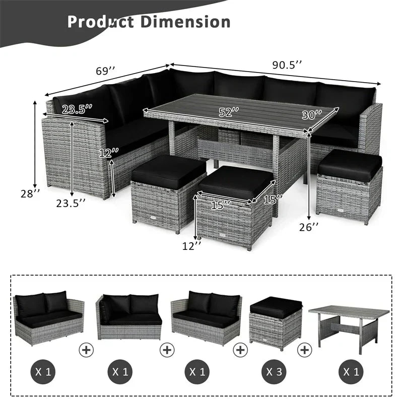 Conjunto de muebles de comedor para patio de 7 piezas de ratán con sofá seccional, mesa de comedor, otomanas y cojines