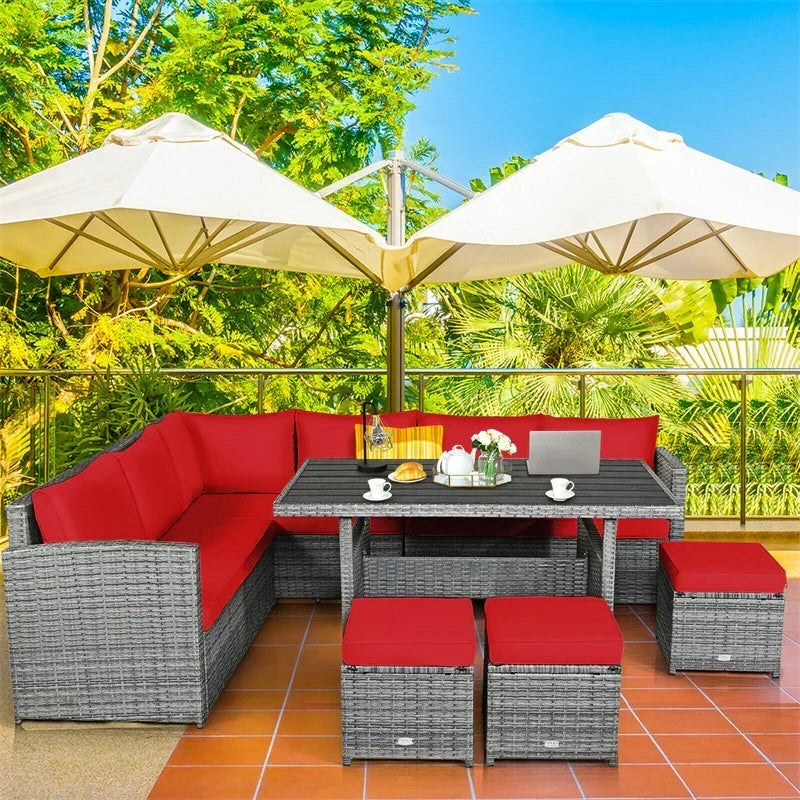 Conjunto de muebles de comedor para patio de 7 piezas de ratán con sofá seccional, mesa de comedor, otomanas y cojines