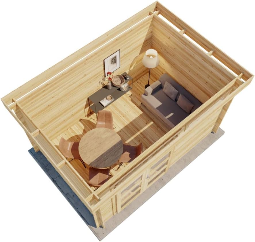 Caseta de jardín Leandro con suelo de madera, cobertizo para herramientas de 394x268 cm con 28 mm de grosor de pared en acabado natural