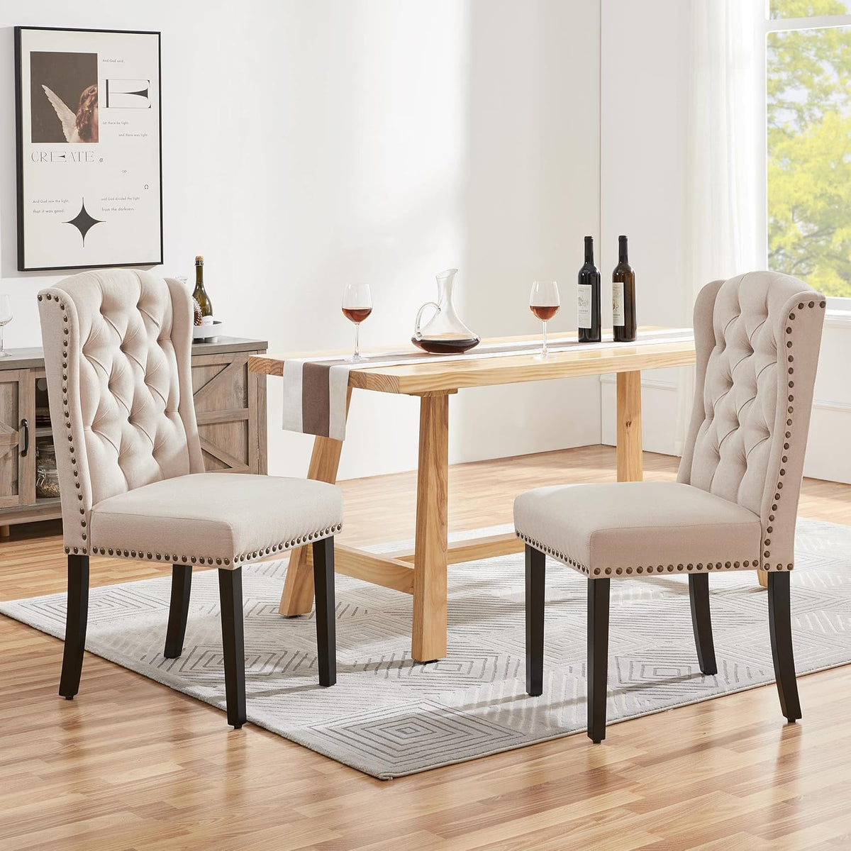 Yaheetech Juego de 2 sillas de cocina con respaldo en forma de ala, silla tapizada de comedor con capacidad de carga de hasta 140 kg para comedor/cocina/sala de estar/dormitorio, beige