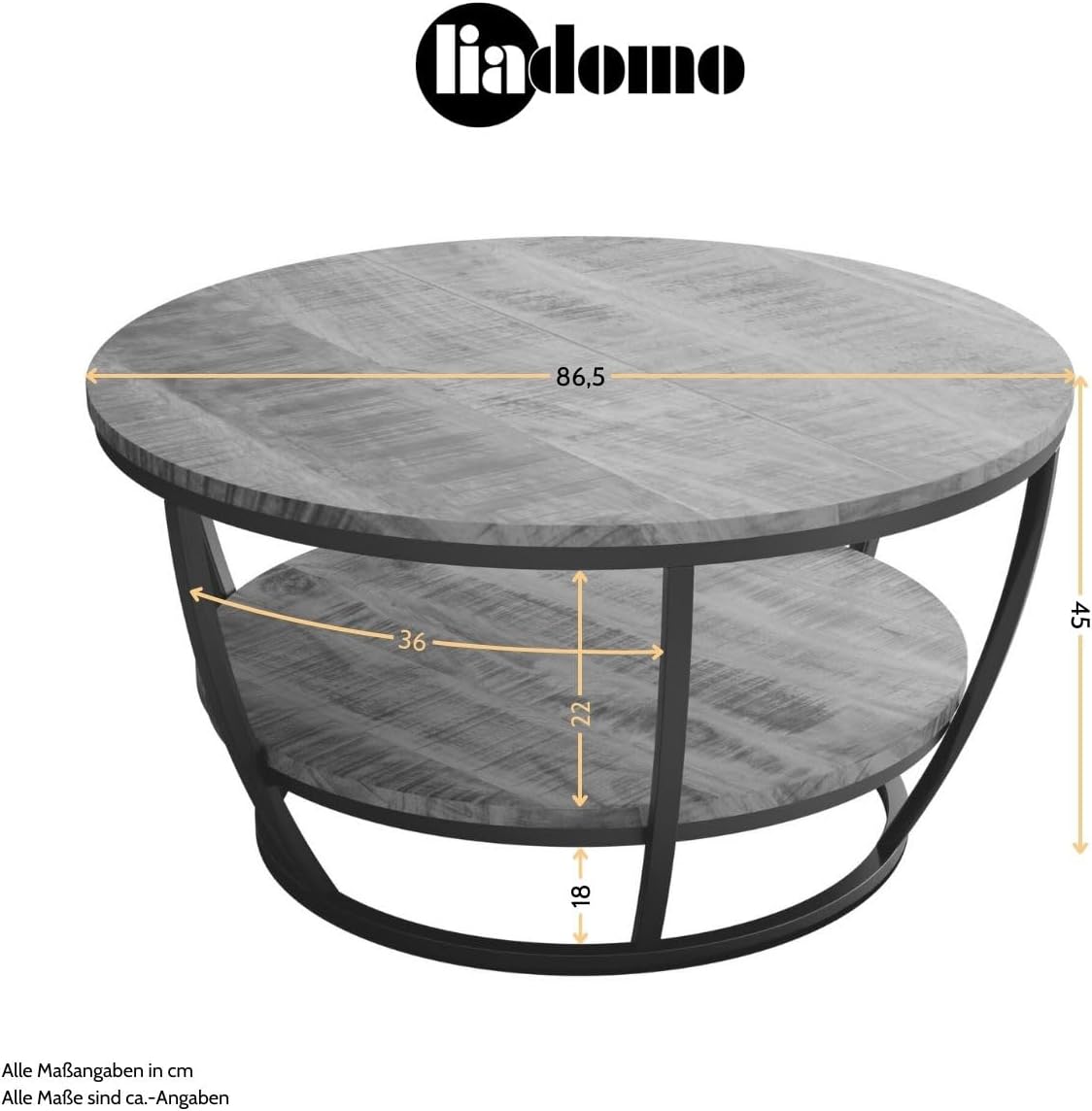 Couchtisch Gianna, rund 86cm, Wohnzimmertisch, Beistelltisch, Tischplatte aus Mangoholz, Metallgestell in Schwarz pulverbeschichtet, mit zusätzlicher Ablage, robust, pflegeleicht