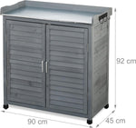 Relaxdays Mesa de cultivo con armario inferior, 3 ganchos, madera, encimera de zinc, Al x An x Pr: 92 x 90 x 45 cm, armario de jardín, gris