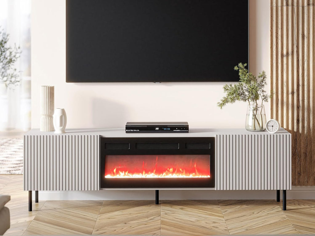 Mueble de TV Mirjan24 Arypot 2D con chimenea eléctrica, sistema sin tiradores, frente fresado, mueble bajo para TV, llama LED realista, cristales decorativos, función de calefacción, control remoto (Cachemira).