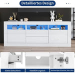 Mueble para TV Merax con iluminación LED, mueble bajo de 160 cm en blanco de alto brillo, sistema de apertura por presión, gran espacio de almacenamiento para salón, control por Bluetooth para la iluminación LED