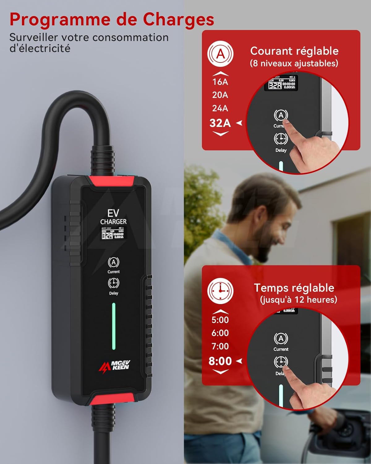 MCEVKELN Cargador Tipo 2 7KW Cargador de Coche Eléctrico con CEE (3 Pines | Monofásico), Corriente Conmutable 6-32A, IP65, Cable de Carga EV Tipo 2 de 7M, IEC 62196-2 EVSE con Bolsa de Transporte