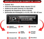 Autorradio Bluetooth para coche JBL Celebrity 150 de Harman Kardon, Radio 1 DIN, 4x50W, transmisión Bluetooth, kit manos libres para coche, panel frontal extraíble, AM/FM, USB, SD, AUX, 2 salidas RCA para amplificador