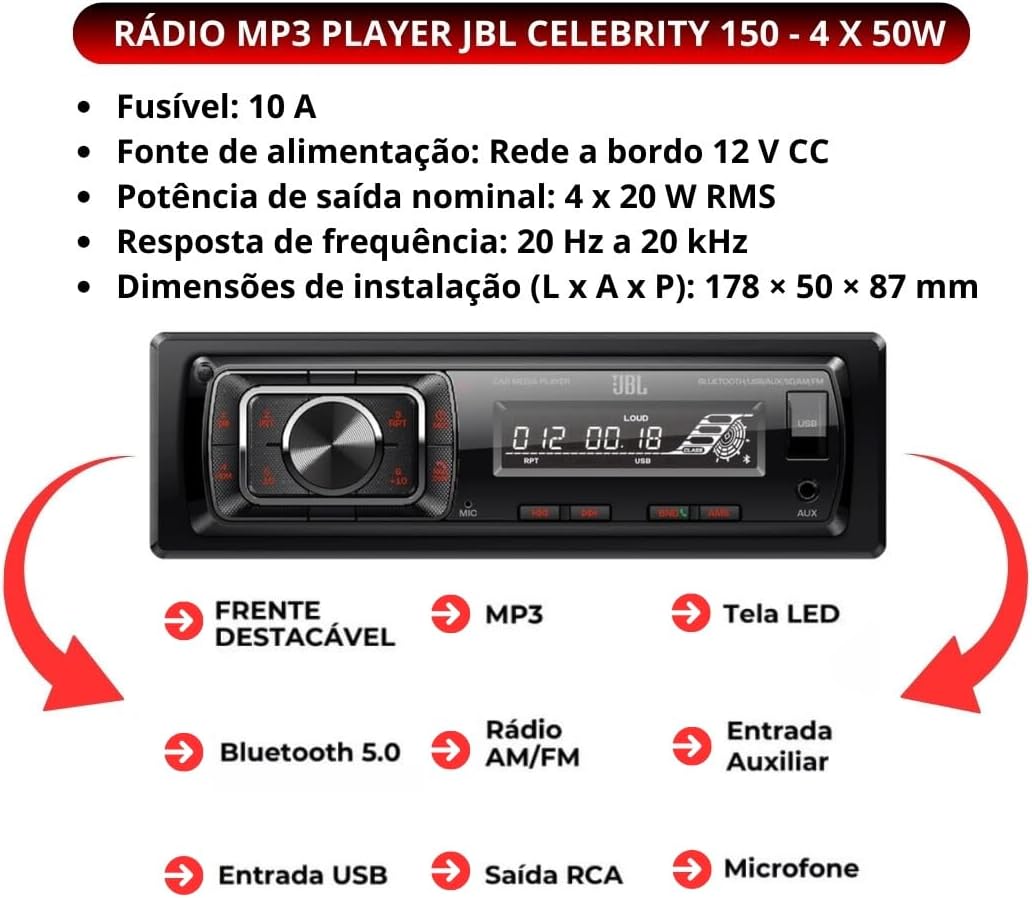Autorradio Bluetooth para coche JBL Celebrity 150 de Harman Kardon, Radio 1 DIN, 4x50W, transmisión Bluetooth, kit manos libres para coche, panel frontal extraíble, AM/FM, USB, SD, AUX, 2 salidas RCA para amplificador