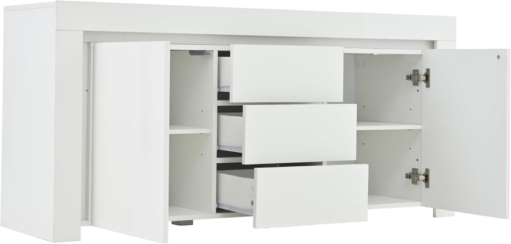 ModernLuxe LED Sideboard Hochglanz Wohnzimmer Beistellschrank 140x40x65cm,3 Schubladen & 2 Türen, Moderne Kommode mit Stauraum für Flur, Büro und Wohnzimmer, Weiß