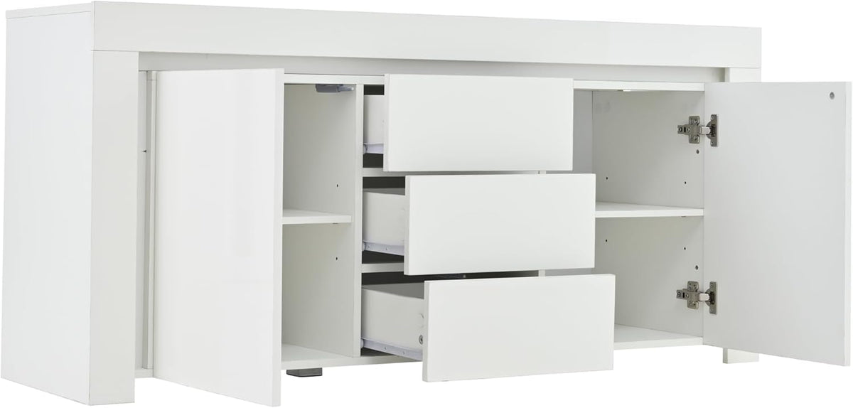 ModernLuxe LED Sideboard Hochglanz Wohnzimmer Beistellschrank 140x40x65cm,3 Schubladen & 2 Türen, Moderne Kommode mit Stauraum für Flur, Büro und Wohnzimmer, Weiß
