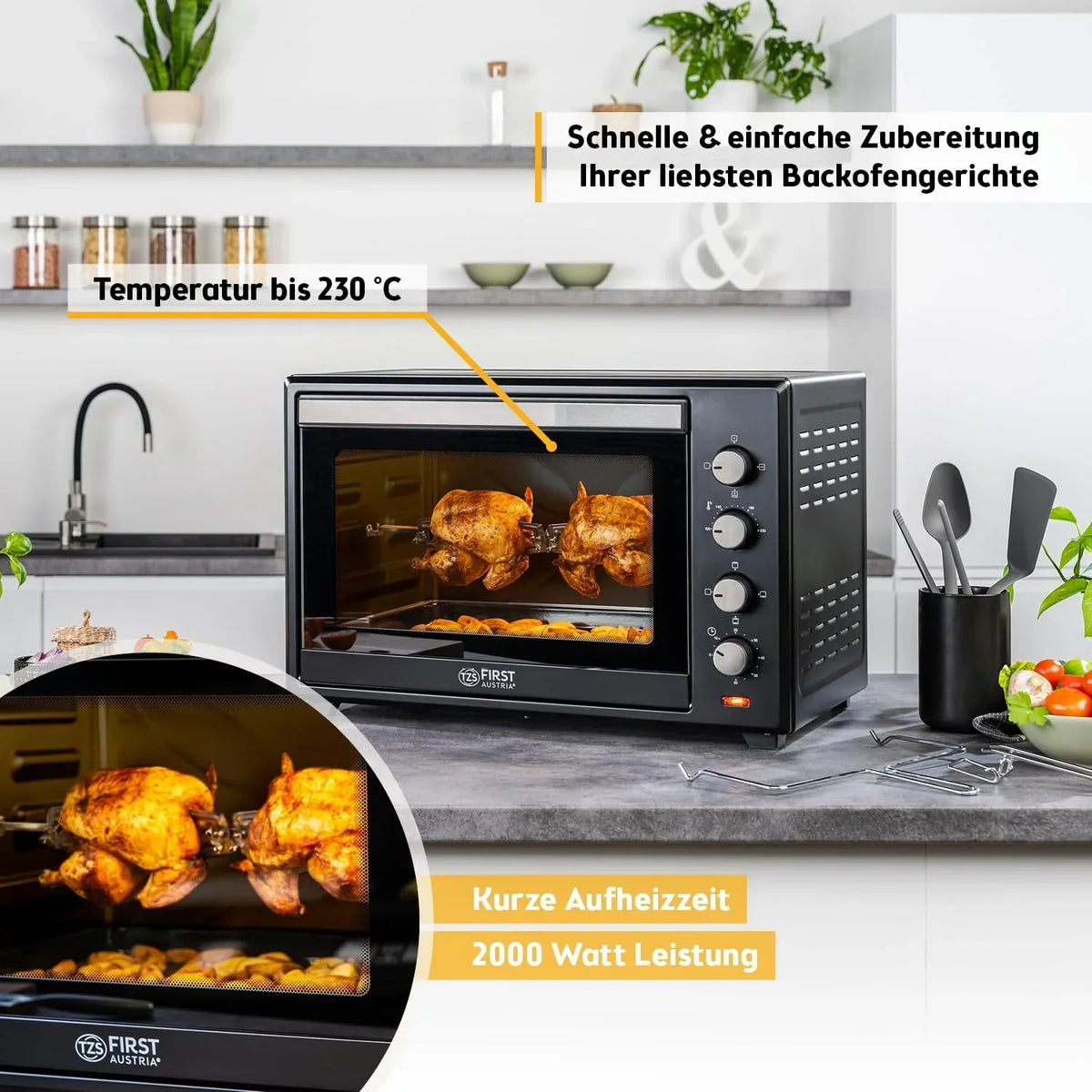 Minihorno TZS First Austria 60 L 2000 W, horno para pizza, 230 °C, 6 modos, temporizador de 60 min, 4 alturas de inserción, bandeja de horno, rejilla, asador giratorio, A++