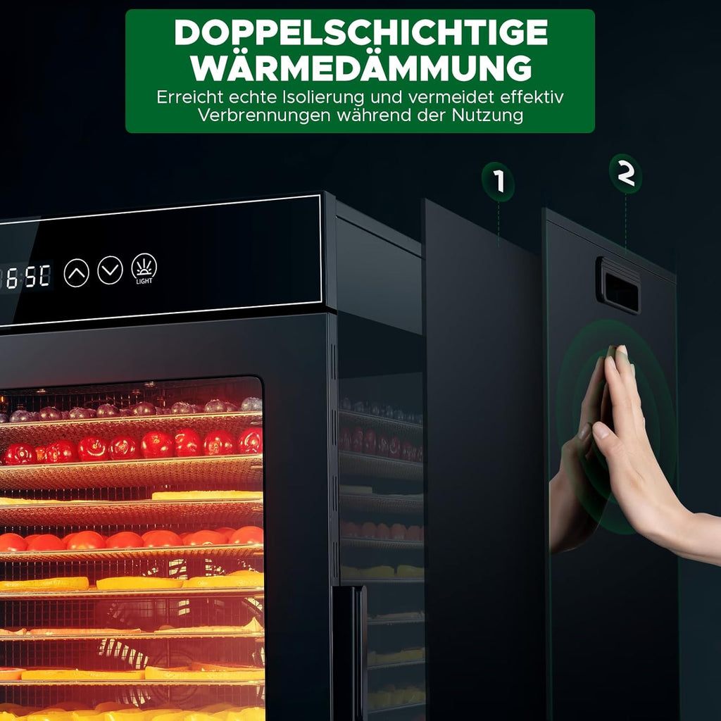 Deshidratador de alimentos Kwasyo de acero inoxidable, 12 bandejas, totalmente negro, control de temperatura de 30-90℃, temporizador de 24 horas, recetario para carne, frutas, verduras y hierbas, 900W, LT-09