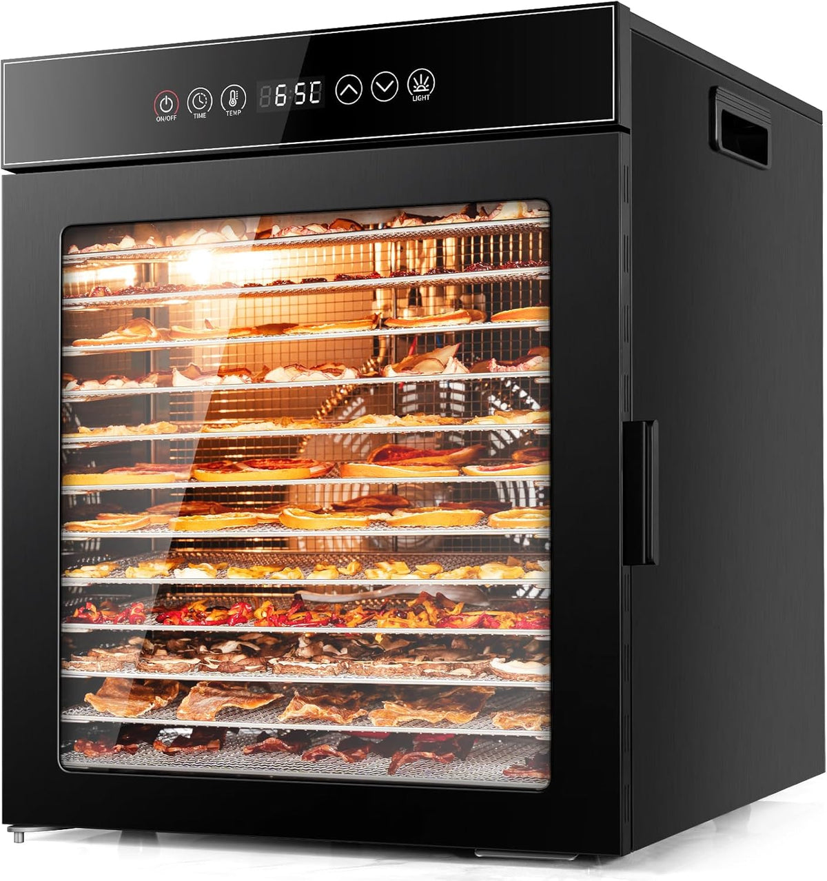 Deshidratador de alimentos Kwasyo de acero inoxidable, 12 bandejas, totalmente negro, control de temperatura de 30-90℃, temporizador de 24 horas, recetario para carne, frutas, verduras y hierbas, 900W, LT-09