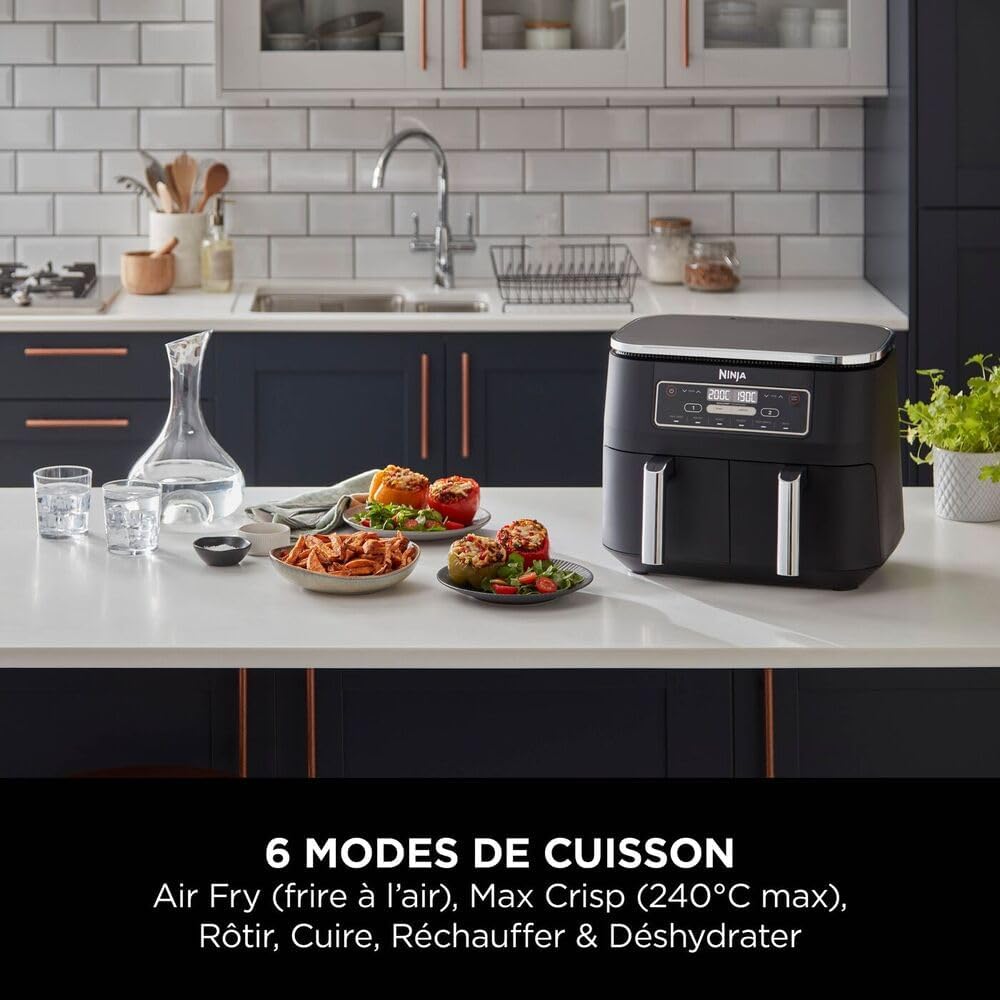 Freidora de aire NINJA Foodi DualZone, 2 compartimentos, 2 zonas de cocción independientes, capacidad de 7,6 L, freidora de aire 6 en 1, máx. 240 °C, piezas antiadherentes extraíbles aptas para lavavajillas, negro AF300EU